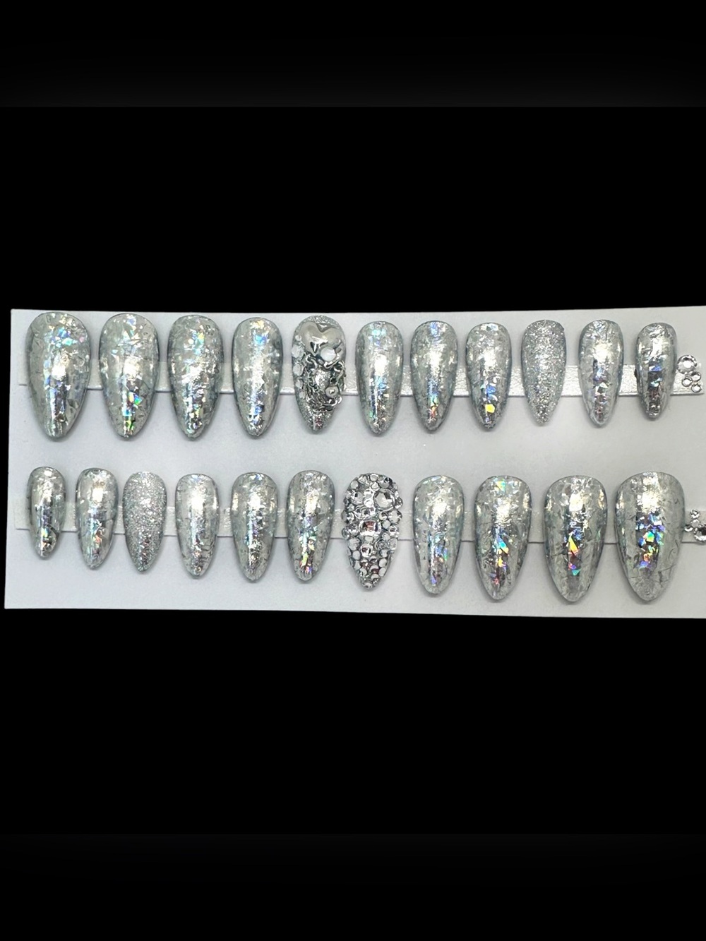 Handmade Custom Press On Nails Med Length Almond Silver Hologram Nails
